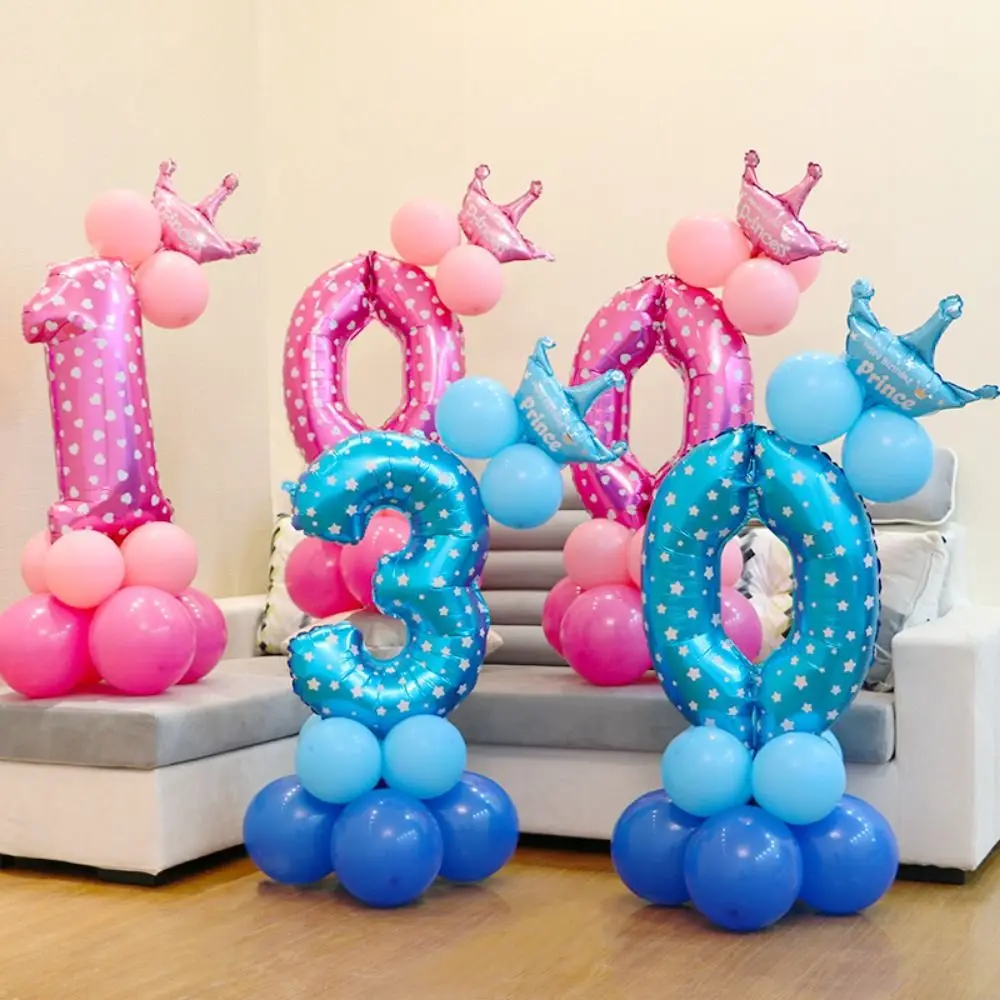 32in Birthday Party Number Balloon Star Print Blue Pink Number 0-9 Foil Balloon Cartoon Aluminum Film Zoo Theme Decoration