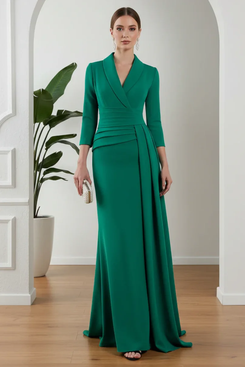 Customized Long Green Crepe  Mother of the Brides Dresses Mermaid V-Neck Watteau Train Godmother Dress for Women