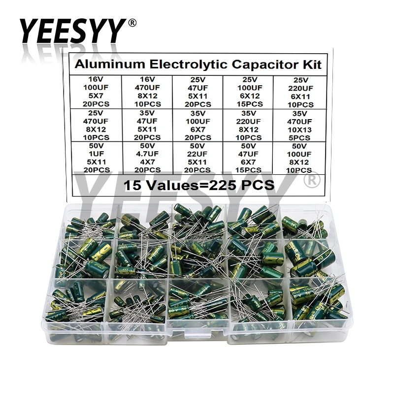 225pcs/Box High Frequency Low ESR Aluminum Electrolytic Capacitor Kit 15Values 16V-50V 1uF-470uF Capacitance DIP Assorted Set