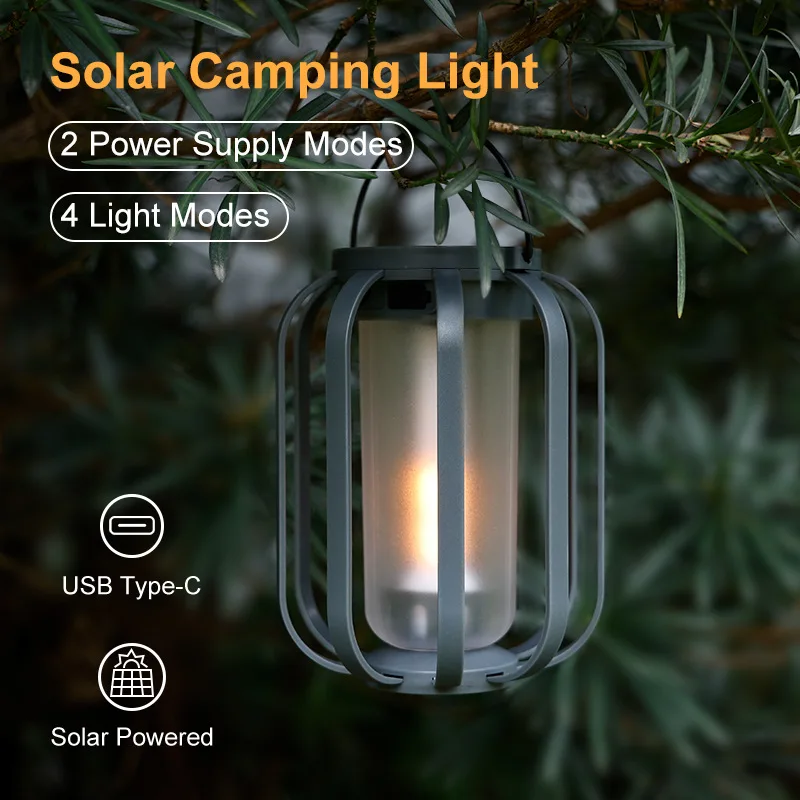 

Solar Camping Lantern With Bracket 4 Modes Dimming Rechargeable Flame Light Outdoor Waterproof Ambient Lights For Garden Decor