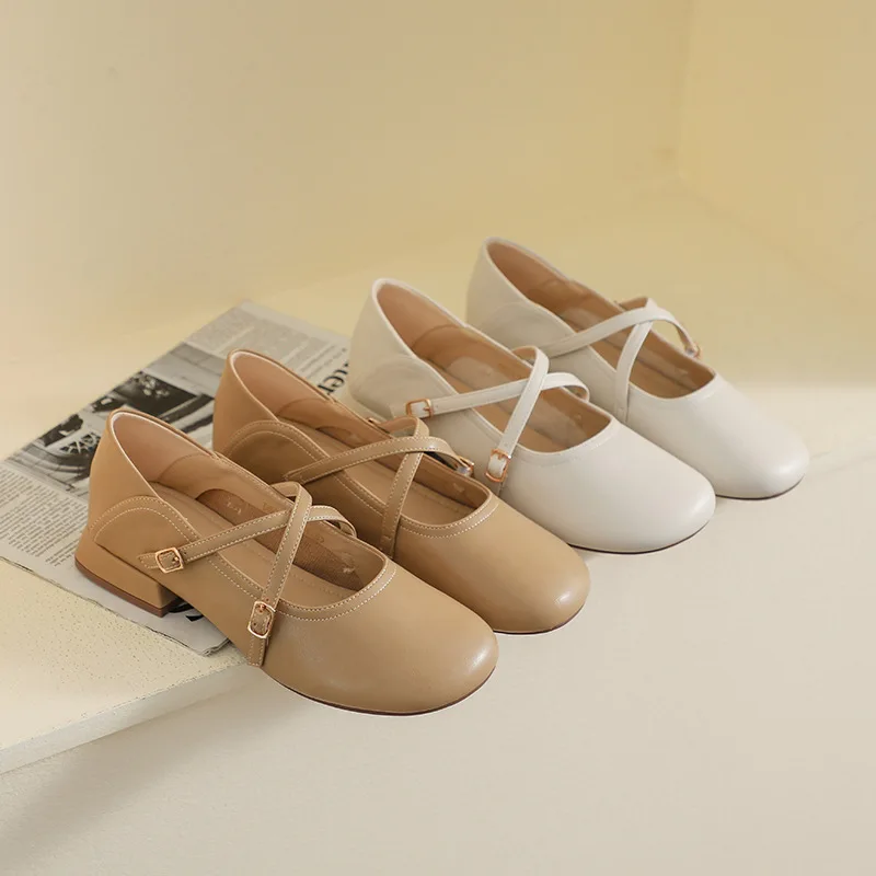 

French Vintage Thick Heel Mary Jane Shoes Women Summer Small Leather Fairy Style Low Cut Large Size Casual Footwear