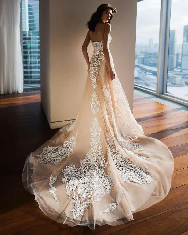 Robe de mariée Vintage Champagne en dentelle de haute qualité, ligne A, Corset au dos, style Boho, 2021