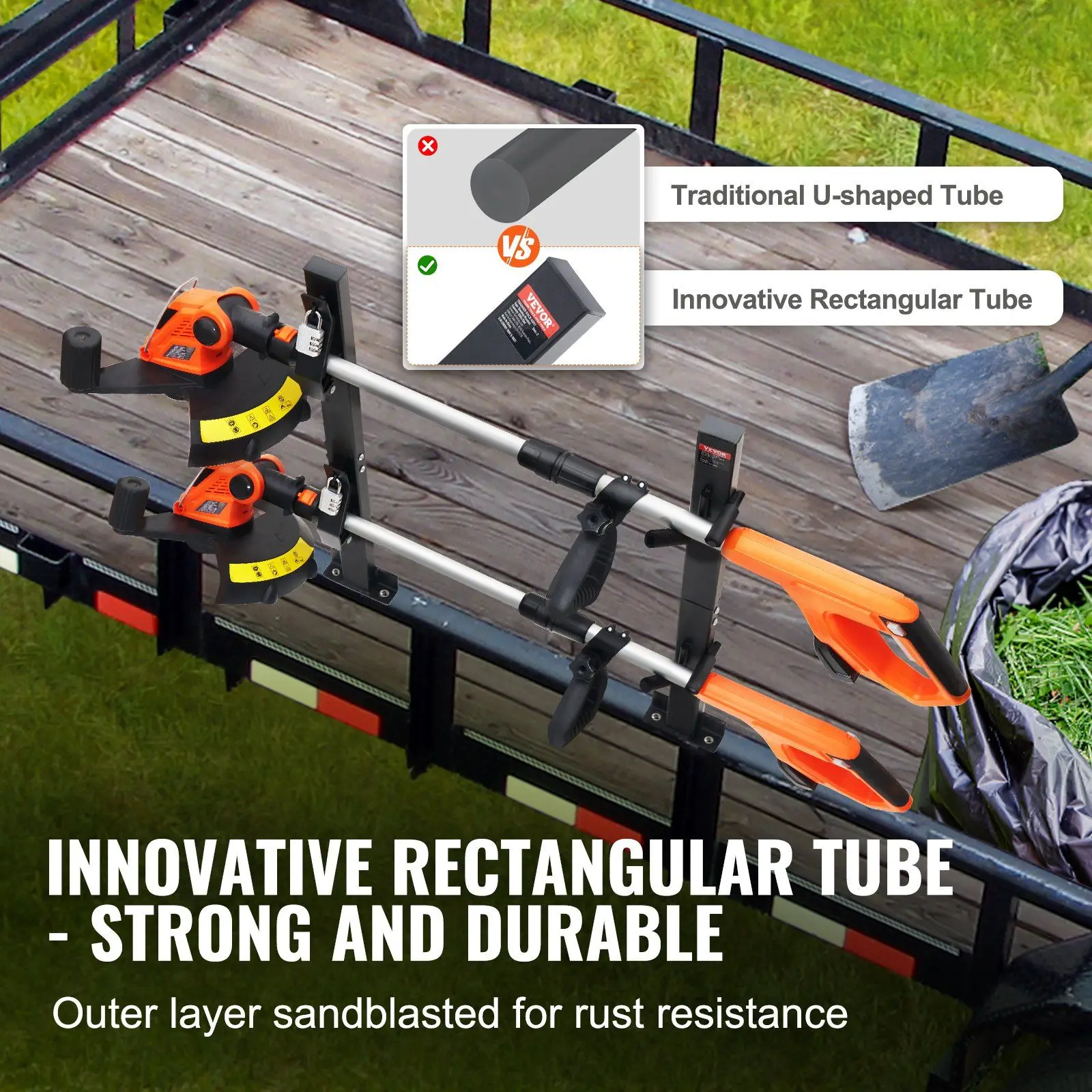 Stojak na podkaszarki montowany na przyczepce, mieści 2 podkaszarki, zamek ze stopu cynku, lekki, ale wytrzymały transportownik narzędzi ogrodniczych