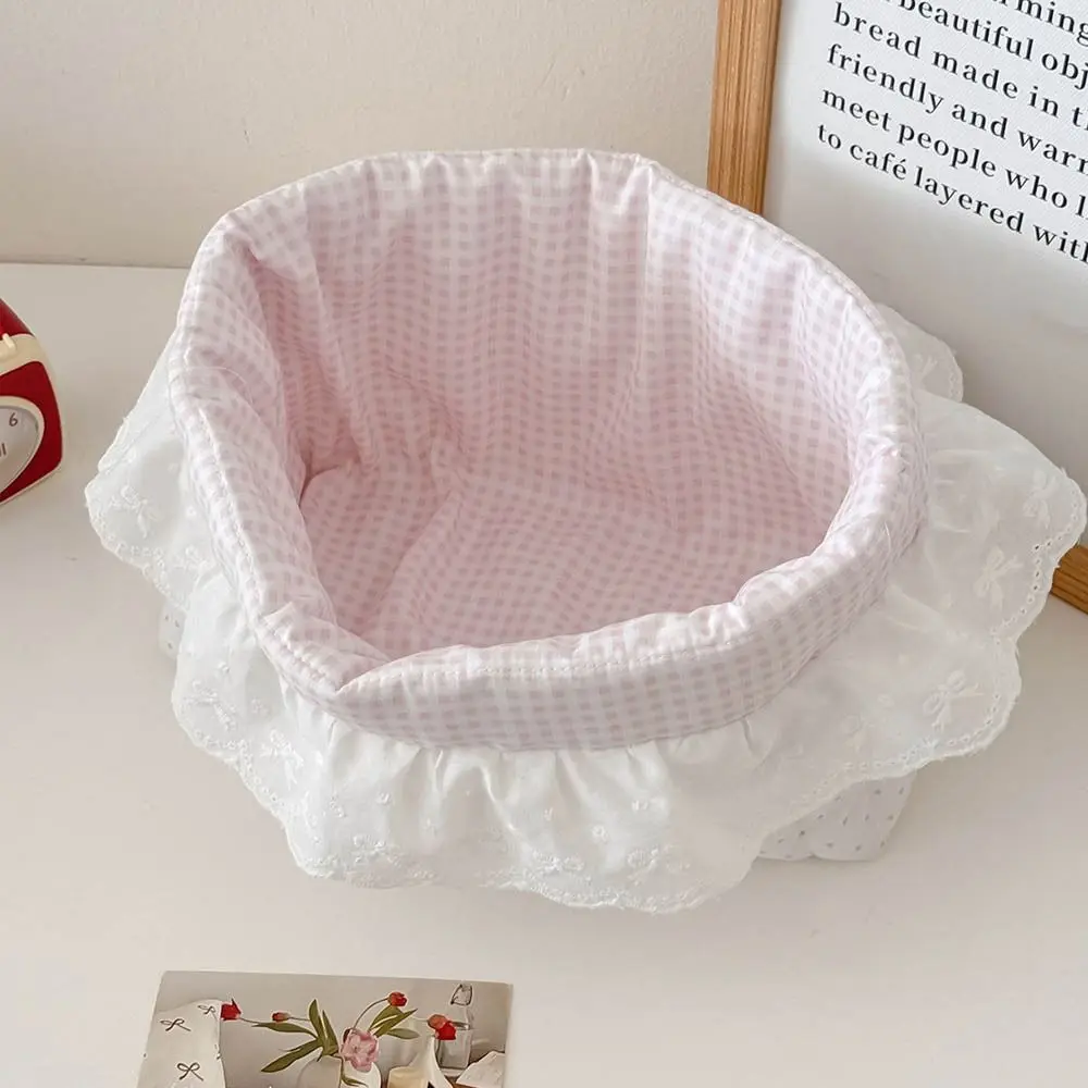 Süßer Quilt-Baumwollstoff Aufbewahrungskorb Rosa Punkte Spitze Desktop-Aufbewahrungskorb Ovaler Faltbarer Aufbewahrungsbox-Organizer