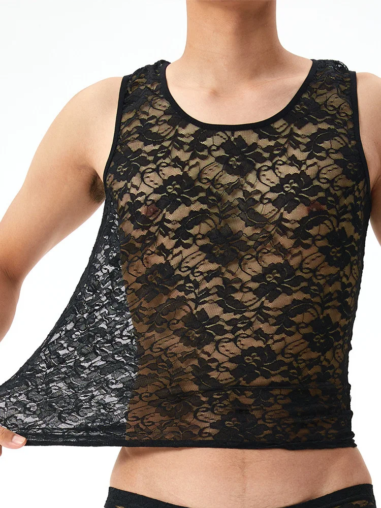 Fashion Sexy Round Neck Lace Plus Size Vest Men's High Elastic Ultra Thin Sheer Skin Friendly Breathe Slim Short Top TRYA