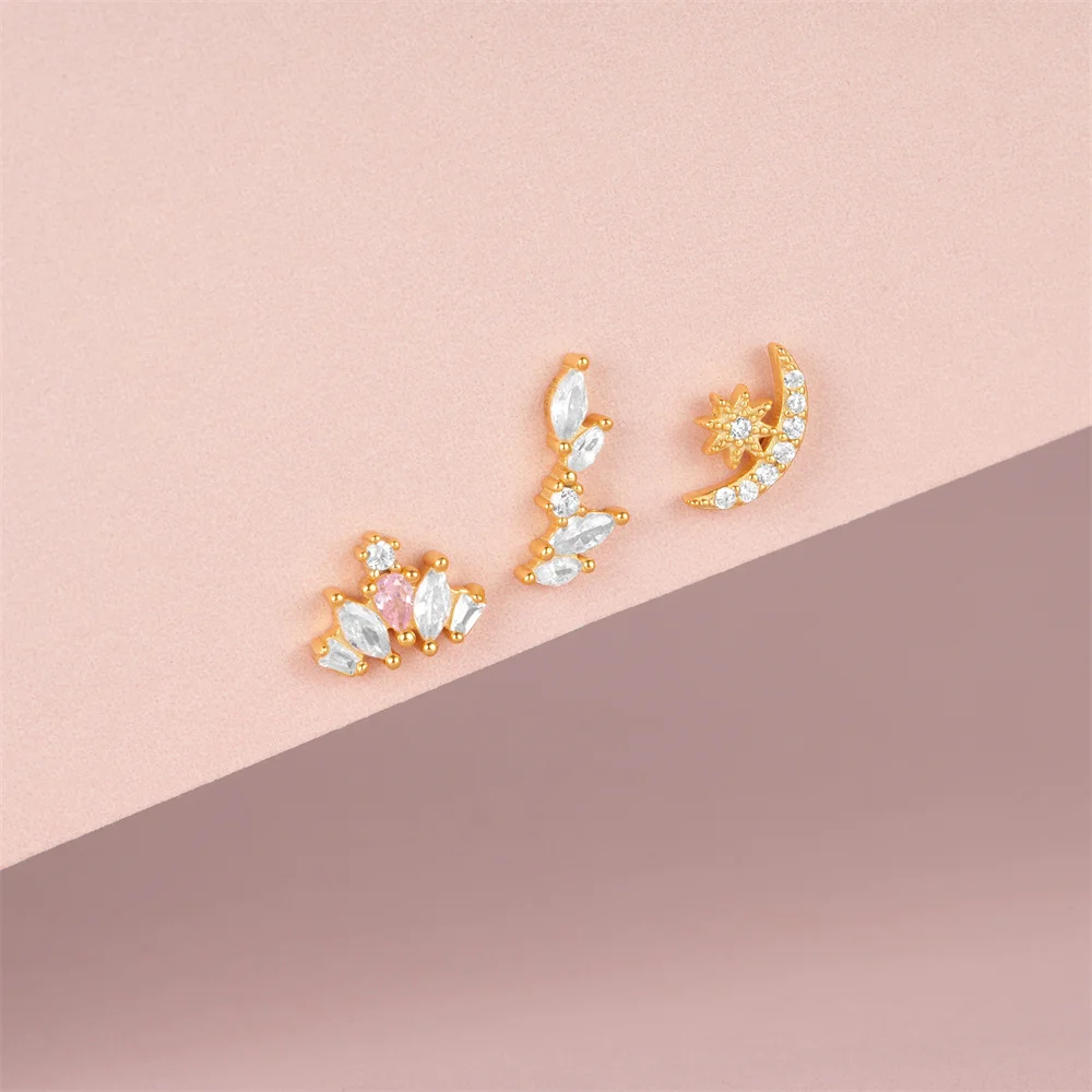 BOAKO 925 Sterling Silver Crown Butterfly Shaped Women's Stud Earring Single Row Pink White Crystal Opal Earrings For Wedding