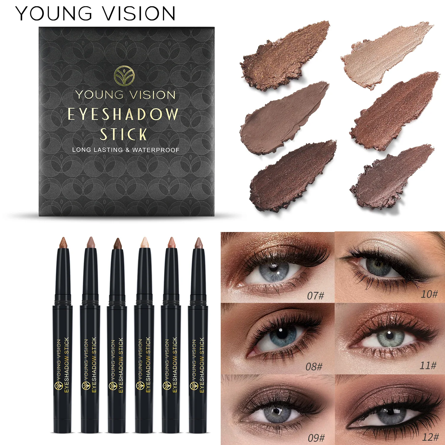 YOUNG VISION-Palo de sombra de ojos impermeable, crema brillante de perlas de larga duración, fórmula fácil de colorear, fina y suave, 6 piezas por juego