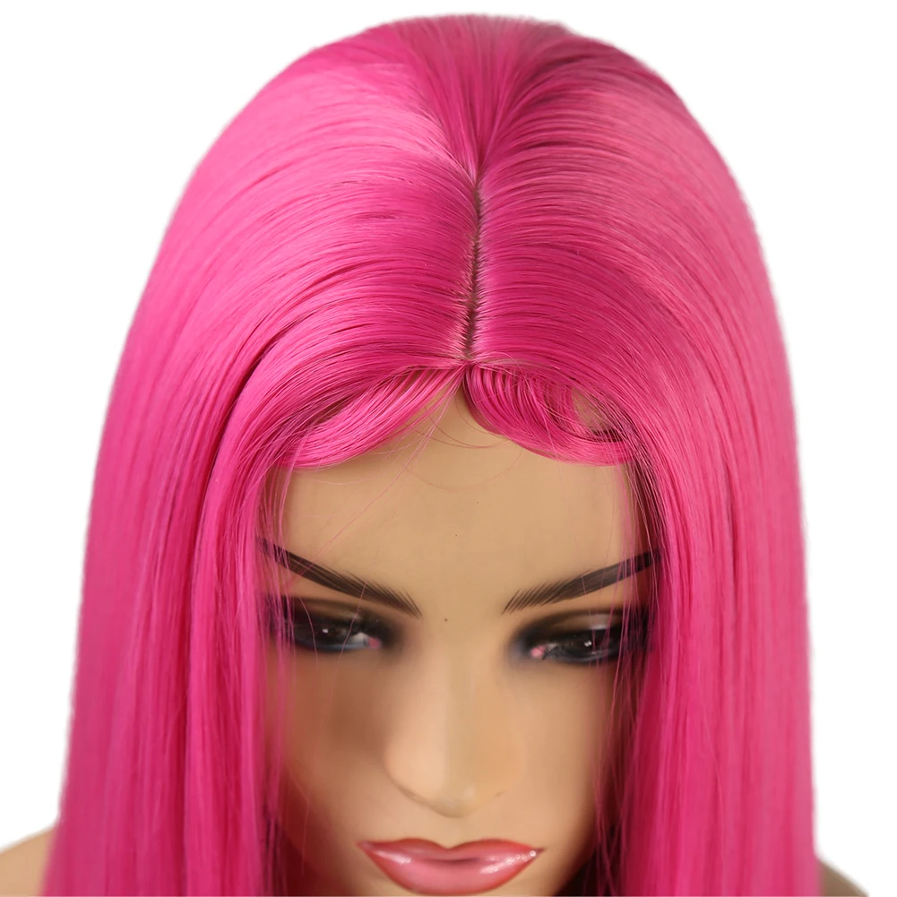 AIMEYA Synthetic No Lace Wig Pink Wig Baby Hair Middle Part Long Straight Hair Heat Resistant Fiber Hair Cosplay Wigs for Women