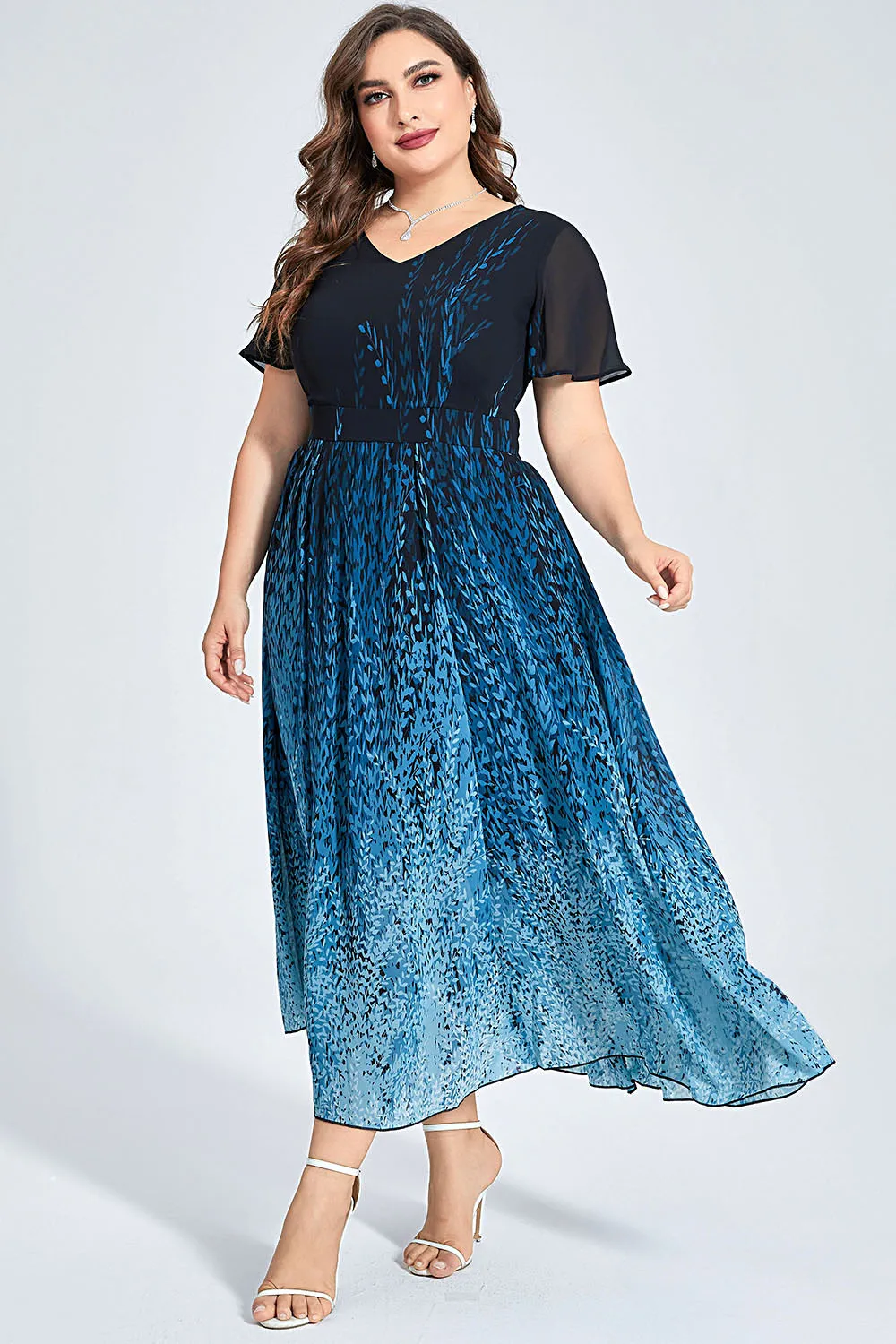 Plus Size Semi formale blu Chiffon Ombre stampa volant manica tunica Maxi vestito elegante partito Casual abiti estivi Vintage 2024