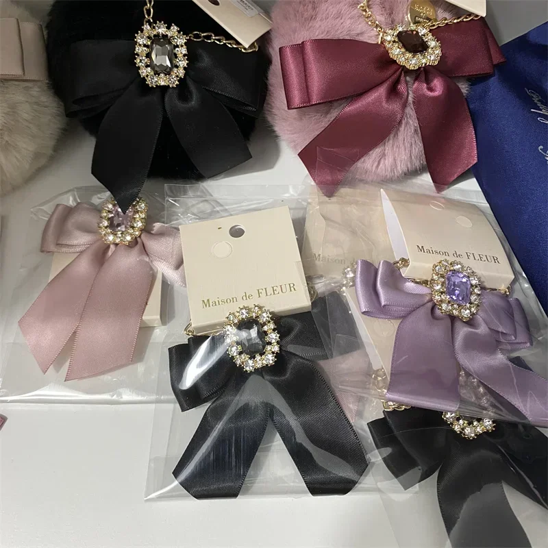 Japanese Style Women Cute Key Chain Ring Bag Accessories Rhinestone Bow Metal Bowknot Diamond Phone Pendant Ornament