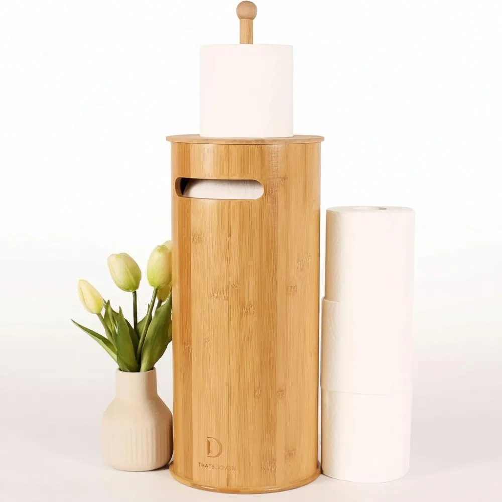 

Bamboo Toilet Paper Holder with Lid - 3-Roll Storage, Pet-Proof Design for Small Bathroom & Boho Decor