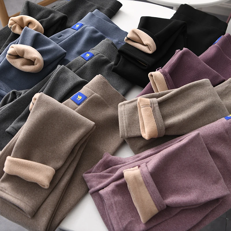 Unisex Thickened Fleece Lined Camel down Thermal Leggings Quick Heating Couples High Elasticity Warm Base Layer Pants Autumn ...