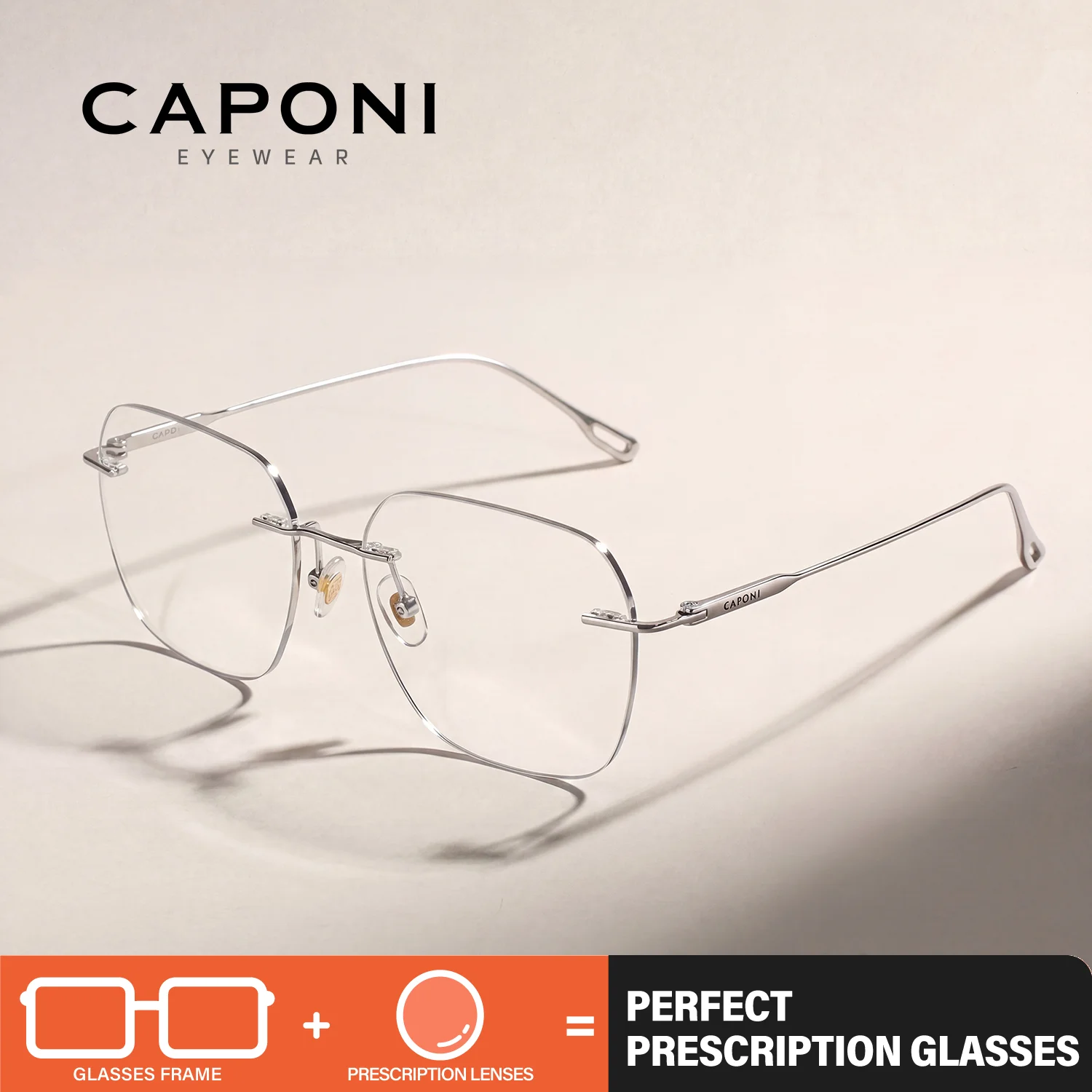 CAPONI Prescription Men Glasses Pure Titanium Rimless Myopia Glasses Progressive Anti Blue Ray Customizable Glasses PJ23074