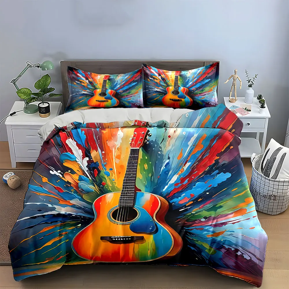 Colorful Guitar Art Decor Set Soft Skin-Friendly Bedding Set Includes 1 Duvet Cover And 2 Pillowcase, Gift
