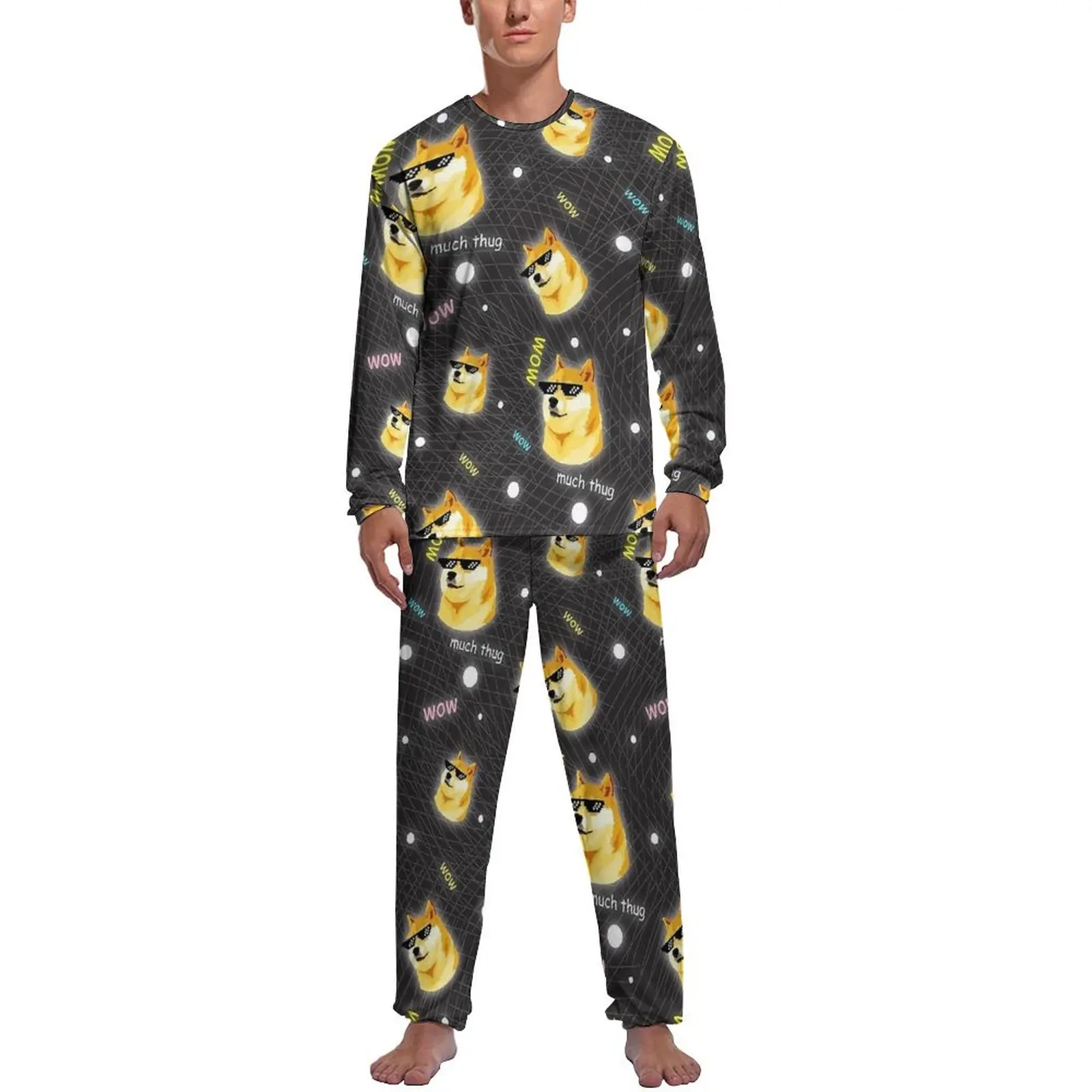 Shiba Inu Doggo Meme Thug Life with Sunglasses Pajamas Men  Nightwear Autumn Long-Sleeve 2 Pieces Casual Graphic Pajamas Set