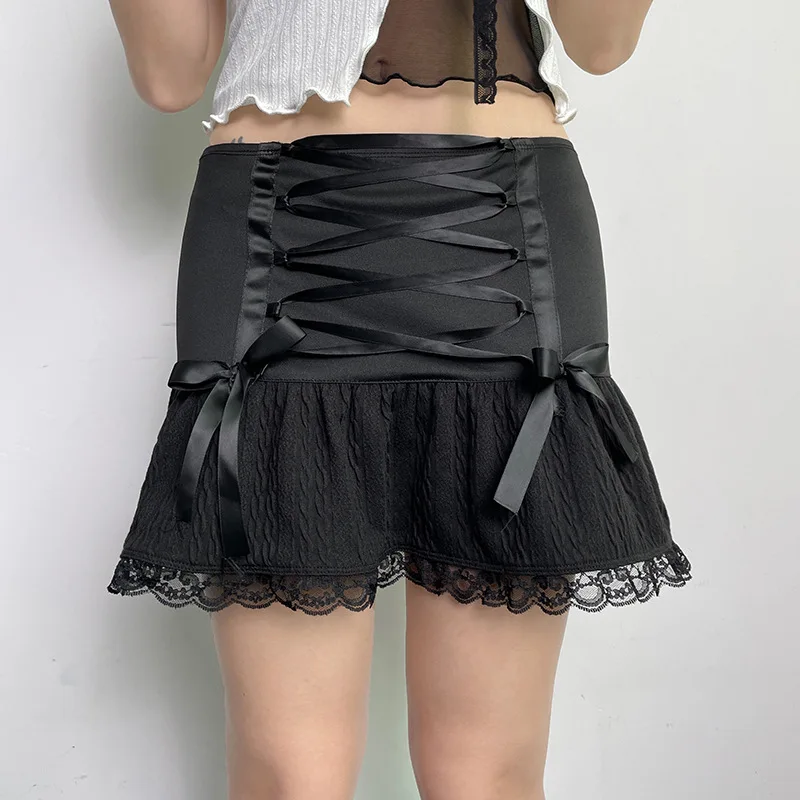 

Готическая мини-юбка Y2K с кружевной отделкой Harajuku, винтажная мини-юбка с завязками и бантом, темные академические сексуальные женские юбки, новинка трапециевидной формы в стиле гранж