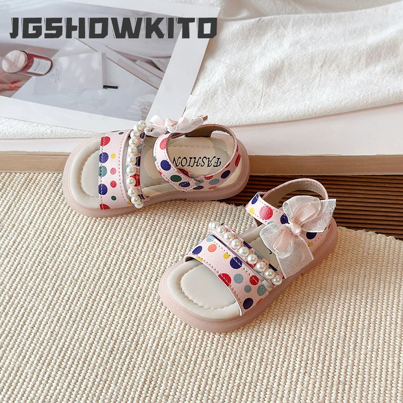 JGSHOWKITO Girl Polka Dot Sandals Outdoor Summer Children Bow Fashion Shoes Princess Wedding Party School Kids Dress Flat Sandal