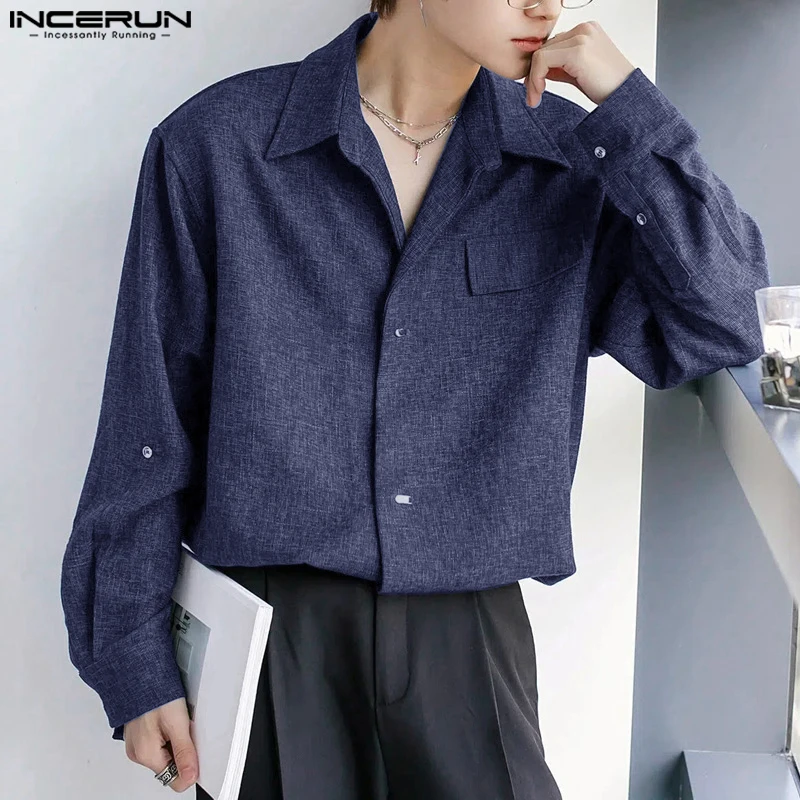 

2024 Men Casual Long Sleeve Shirts INCERUN Solid Color Turn Down Collar Tops Handsome Boy Harajuku Simple Well Fitting Clothes