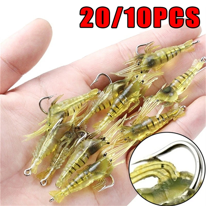 10/20PCS Soft Simulation Shrimp Prawn Lure Hook Crankbaits Fishing Tackle Fishing Lures Artificial Bait Wobblers for Trolling