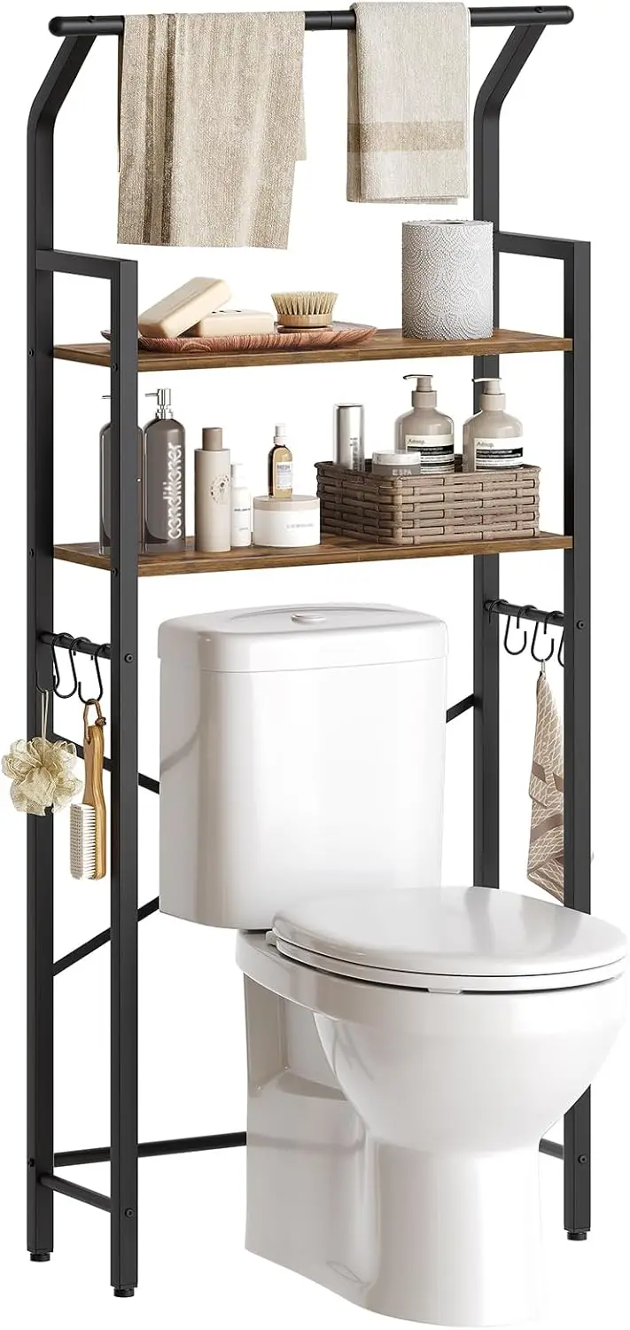 

Over The Toilet Storage, 2-Tier Bathroom Shelf with Hooks, Rustic Brown & Black TR01BR