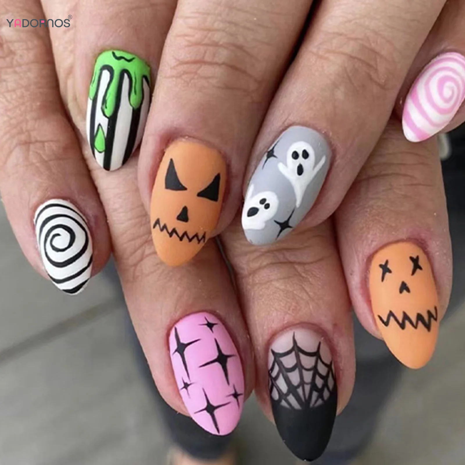 24pcs Halloween Theme Press On Nails Matte Ghost Spider Web Star Elements False Nails Wearable Almond Fake Nail For Hot Girls