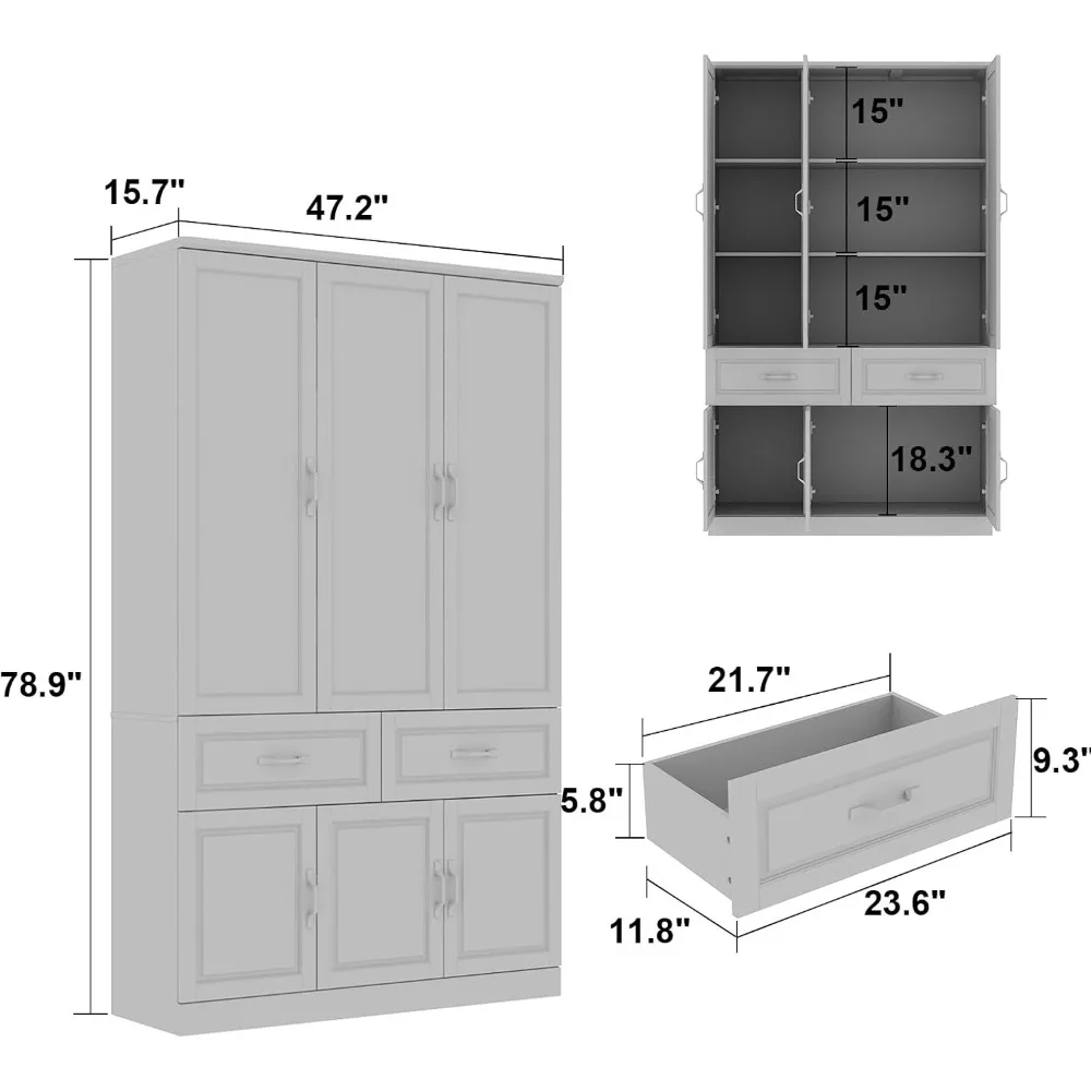 Bookcase with Storage Shelves, Drawers & 3 Glass Doors, Wooden Display Storage Cabinet with 8 Compartments, Bookshelf