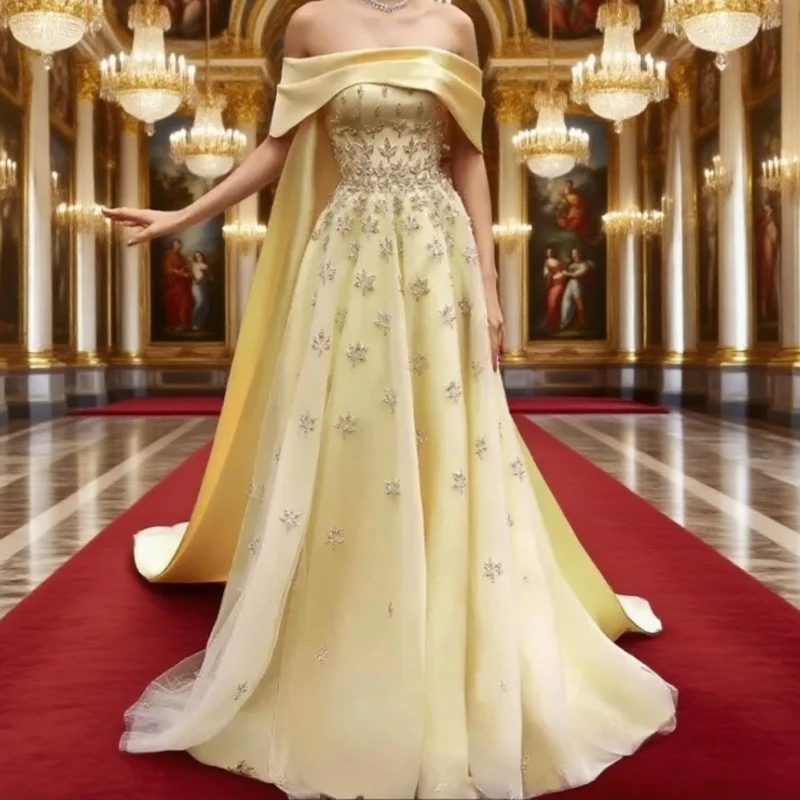 

Yellow Satin Luxury Dubai Arabic Evening Dress with Cape Train Off Shoulder Women Wedding Guest Customized