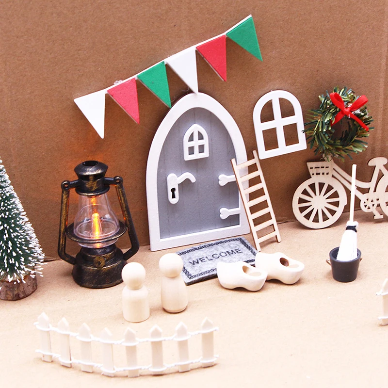 1Set 1:12 Dollhouse Miniature Door Fairy Elf Door Model w/Window Doorknob House Garden Decor Toy