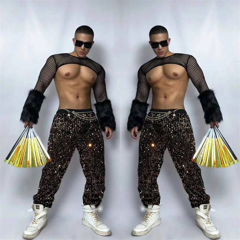 

Nightclub Bar Gogo Dancewear Male Singer DJ Leading Dance Ds Costumes Men's Sexy Black Mesh Sports Suits Costumes