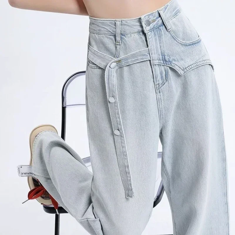 

Women's Jeans with Pockets Straight Leg Pants for Woman High Waist Shot Trousers Light Blue Streetwear Vibrant B50