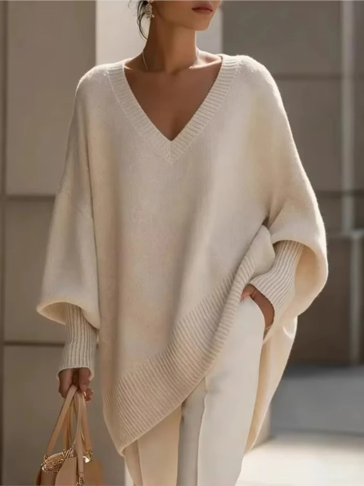 New Autumn Winter Solid Color Long Sleeved Knit Women's Pullovers Sweater V-neck Loose Lazy Elegant Temperament Women's Clothing