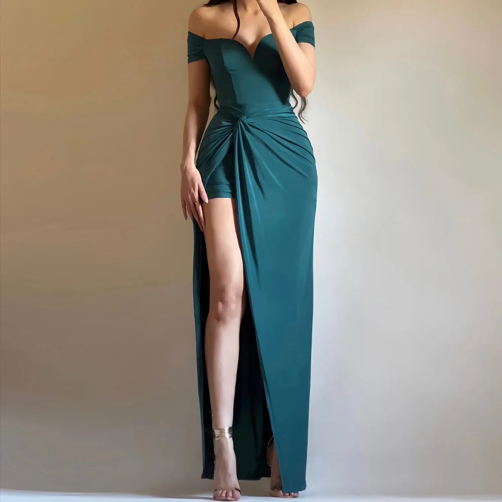 

Off the Shoulder Sleeveless Satin Strapless Floor Length Side Slit Straight Evening Dress Exquisite Photo Color Temperament