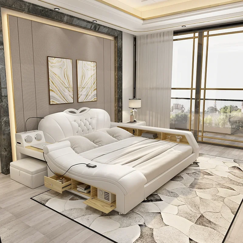 

-Simple White Double Bed Design Furniture Bedroom Luxury Leather Bed