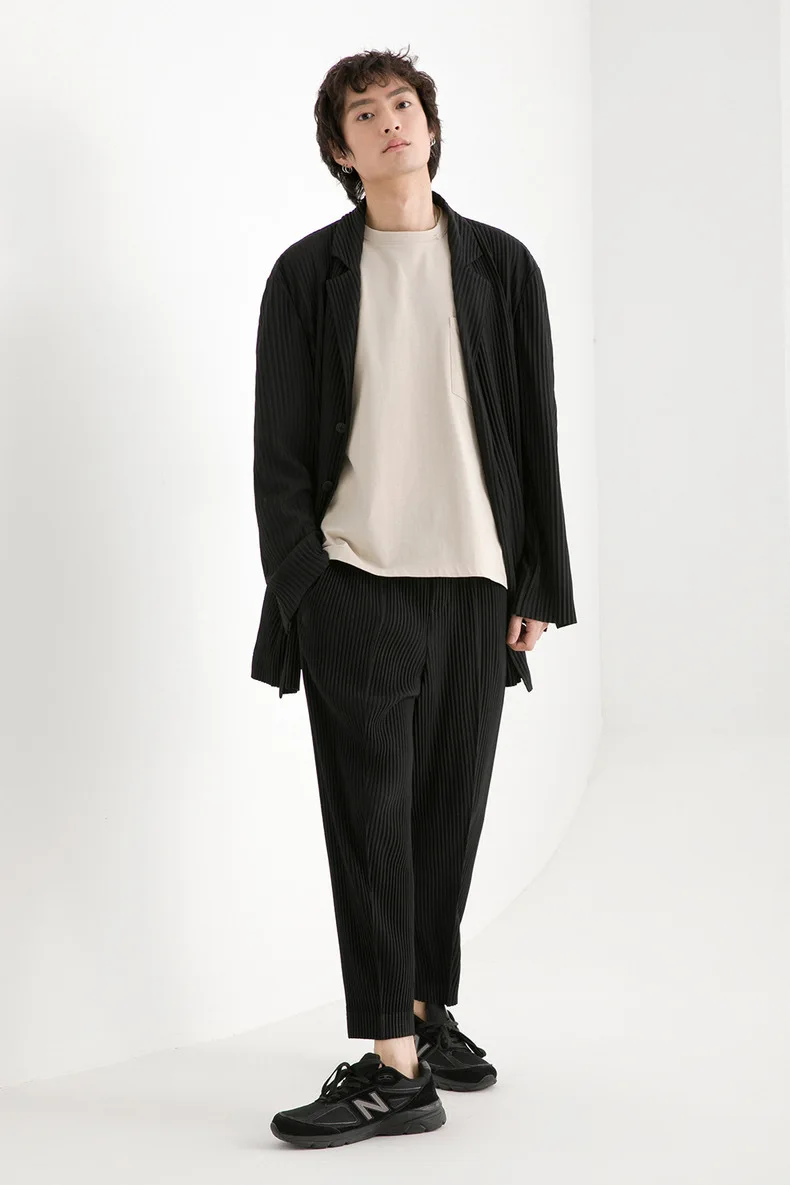 مياكي 2025 جديد الربيع والصيف للطي مطوي تسع نقاط السراويل مطوي منتصف التماس مستقيم قطرة السراويل الطية غير رسمية الرجال السراويل #2