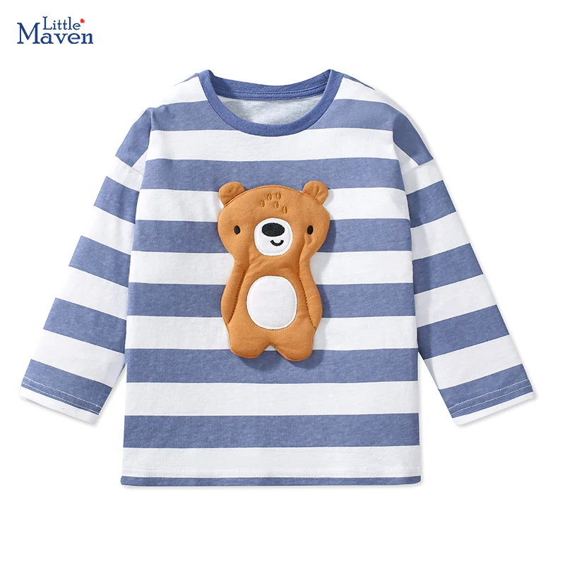 

Little Maven 2024 Autumn Spring Tops Kids Clothes Children's Clothing Boys Embroidered Cartoon Bears Striped T-shirts Cotton