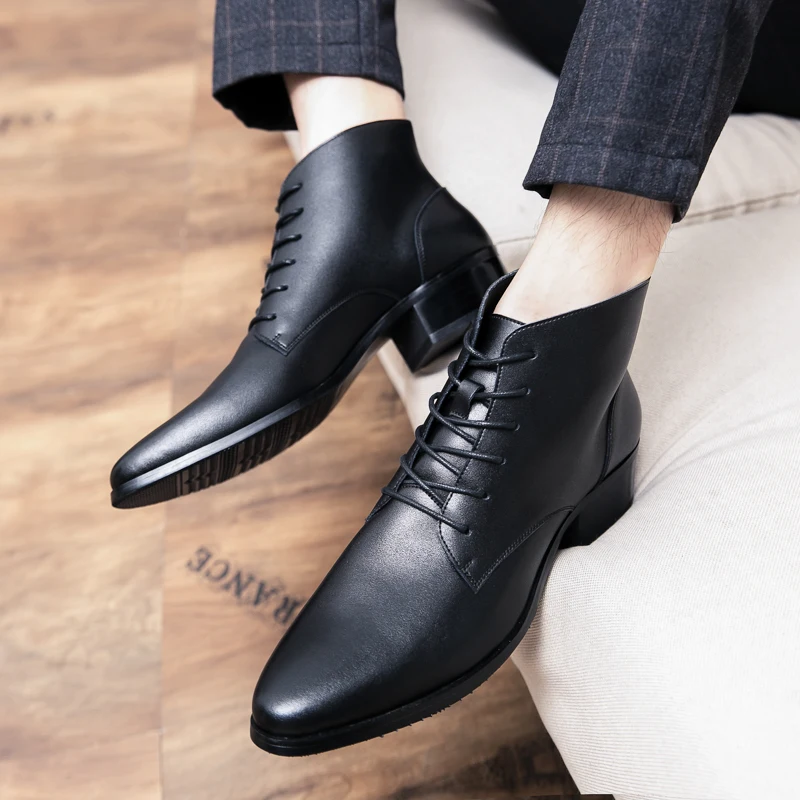 Men Leather Ankle Boots Round Toe Lace-up Fashion Business Boots