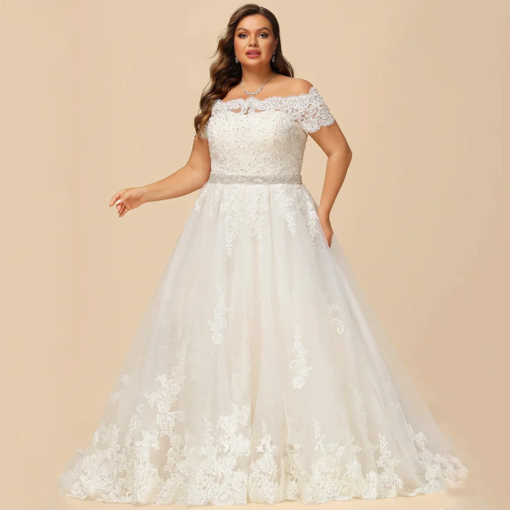 بالاضافة الى حجم فستان الزفاف مخصص قبالة الكتف الديكور مطرزة زين الوهم عودة زيبر أزرار بريق ثوب الزفاف