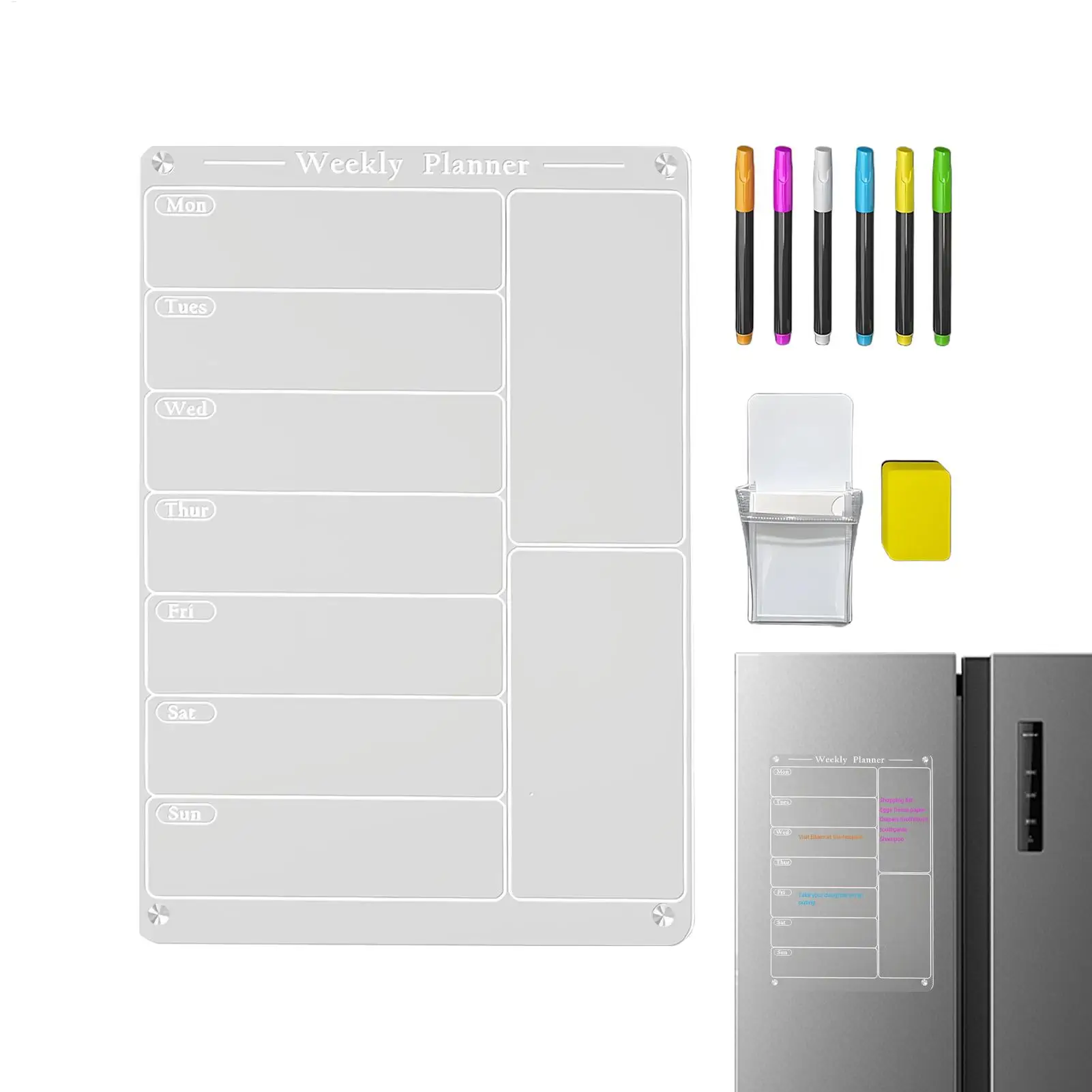 冷蔵庫用磁気ウィークリープランナー ウィークリードライイレースボード ペンホルダー付き 6蛍光ペン 再利用可能なアクリル食事カレンダーセット