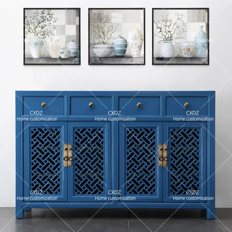 Solid Wood Dining Side Cabinet Blue Storage Tea Cupboard Living Room Entrance Hollow Shoe Decorative Wine Cabinet