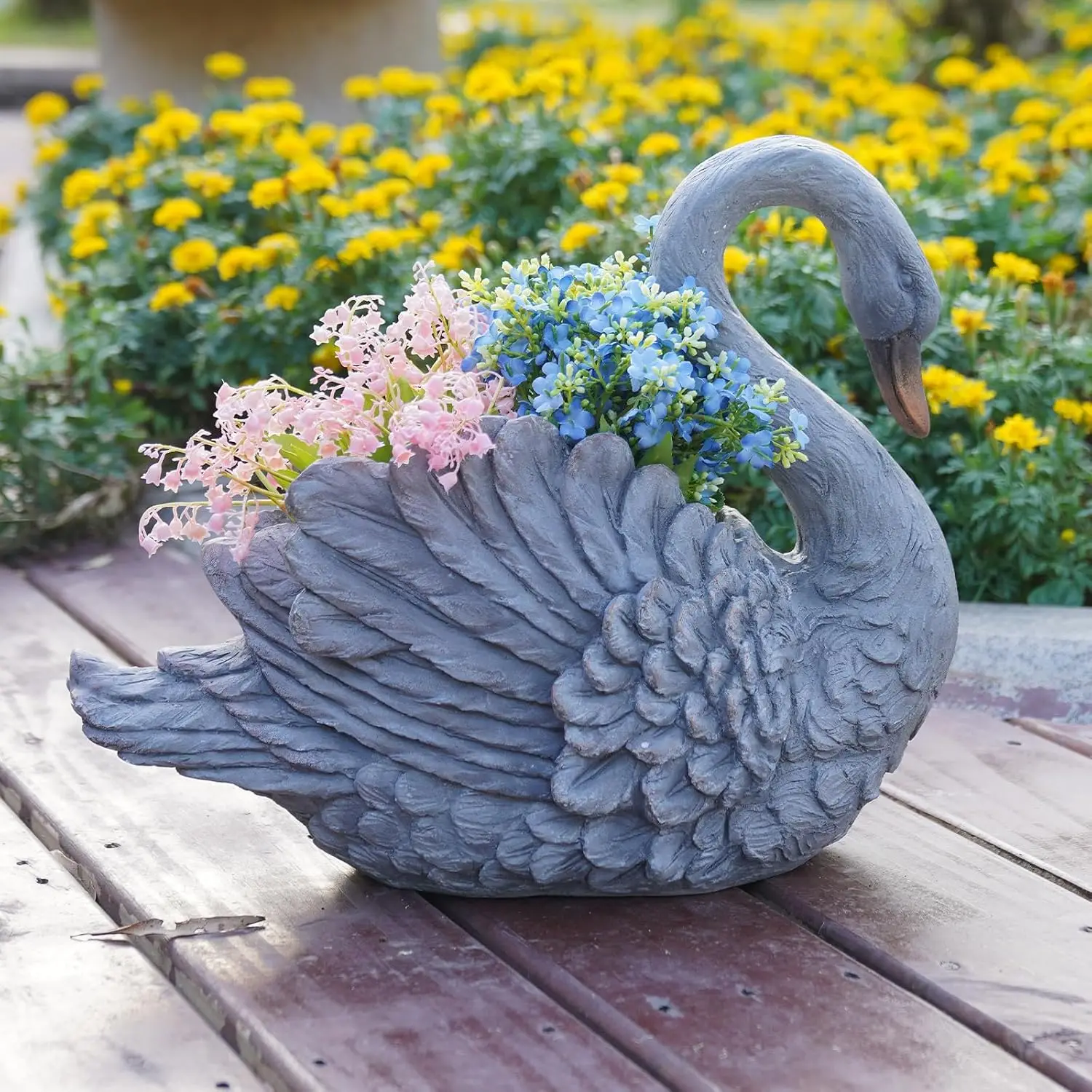 18.5 Inch Resin Swan Shaped Large Planter Pot with Concrete Finish, Decorative Animal Style Plant Container 18.5×9.75×14.5 Inches, Indoor & Outdoor Garden Decor Vessel for Flowers and Greenery