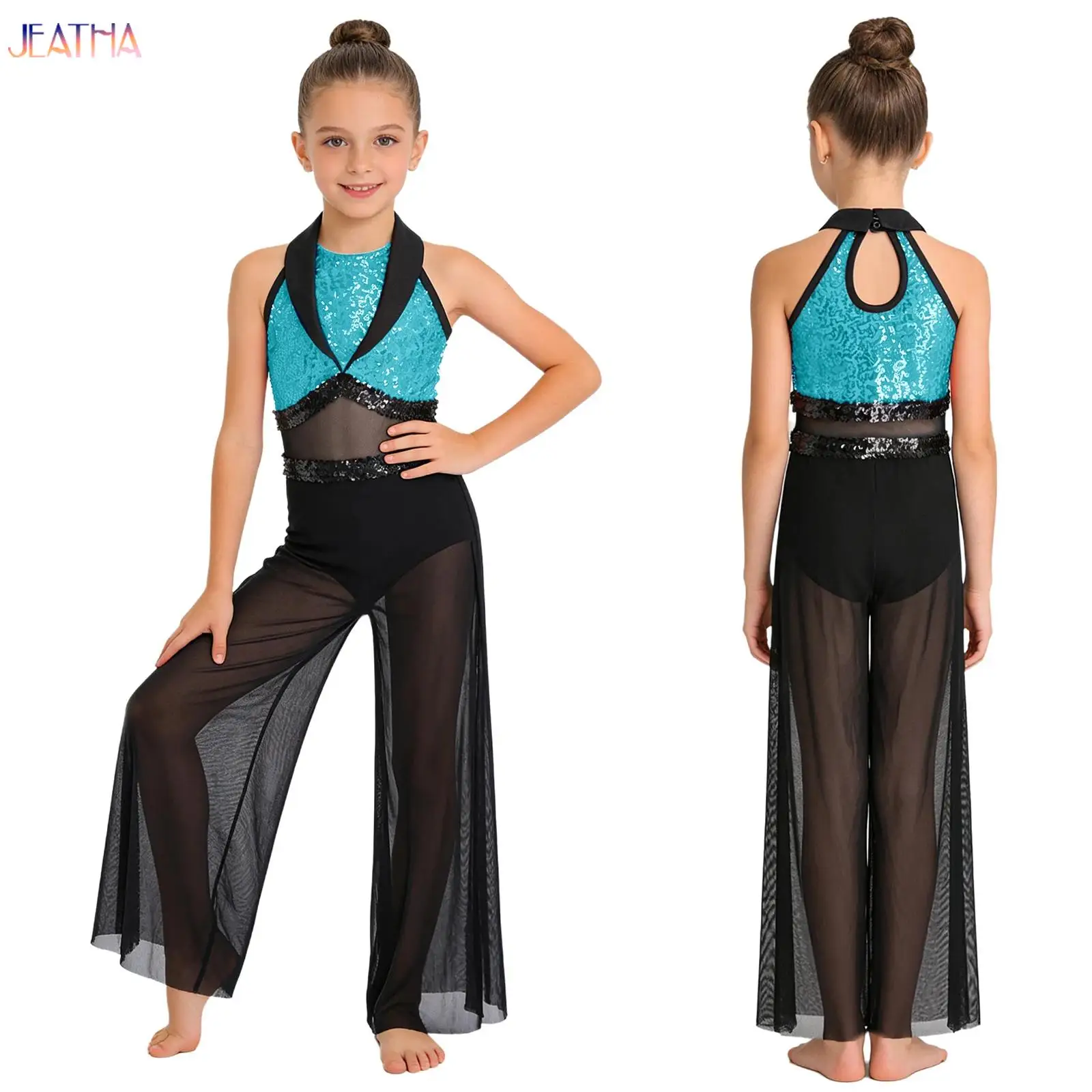 

Big Girls Modern Lyrical Dance Jumpsuit Children Sleeveless Shiny Sheer Mesh Bodysuit Figure Skating Latin Gymnastics Costume