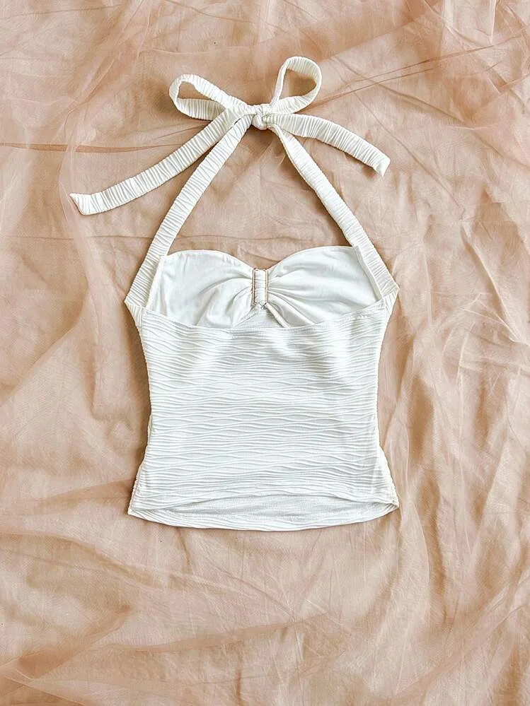 Women White Wavy Knit Halter Cami Top With Floral Metal Buckle Elegant Slim Sleeveless Camisole