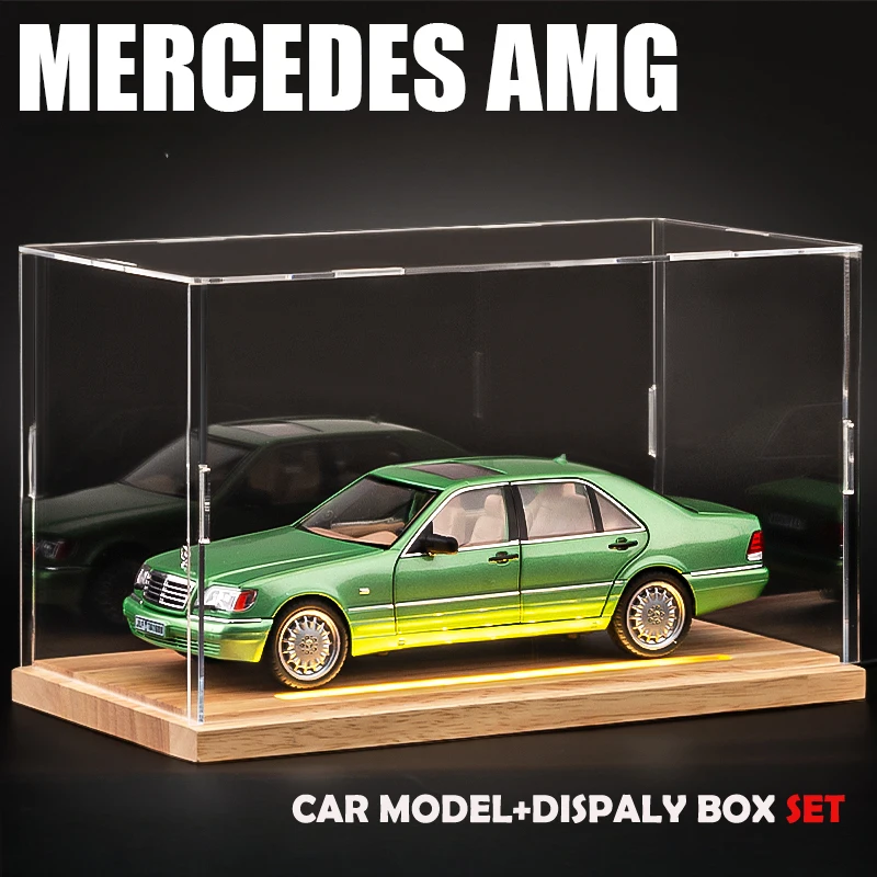 Modelo de coche Vintage Benz W140 320SEL, caja de exhibición de luz LED, colección en miniatura, decoración del hogar, escala 1/24