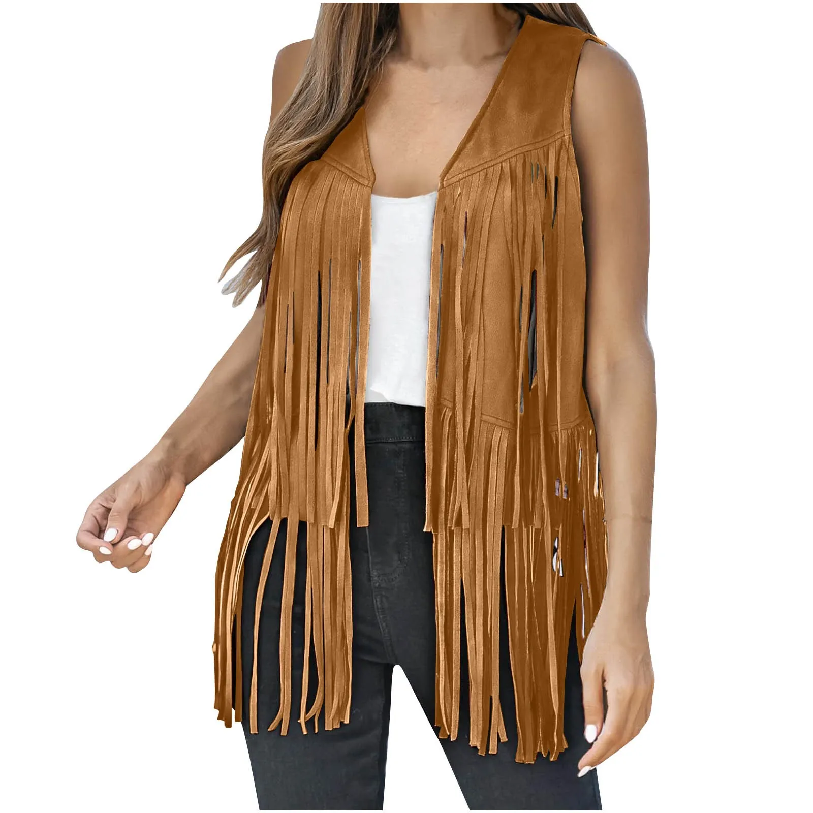 

Vintage Women Tassel Vest 70s Hippie Faux Suede Rivets Sleeveless Fringe Jacket Waistcoat Cardigan Streetwear