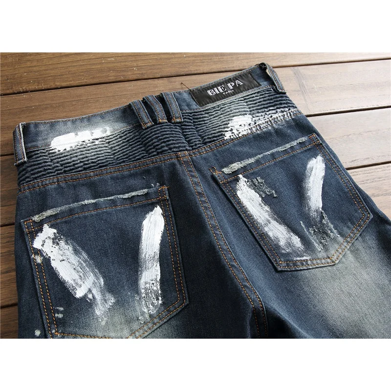 Trendy Men's Clothing Stitching Jeans Men's Retro Embroidered Slim Pencil Pants Personality Street Motorcycle Long Pants