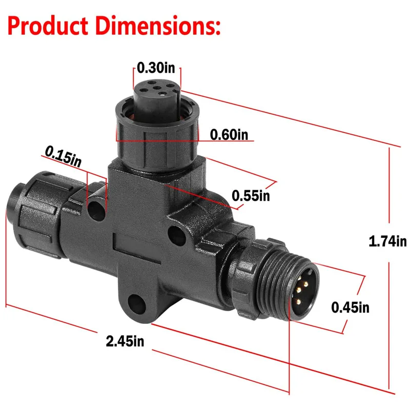 NMEA 2000 (N2k) (Tee) 3 Port 5Pin M12 Thread IP67 Waterproof  T-Connector Fit for Garmin Lowrance Simrad B&G Navico Networks