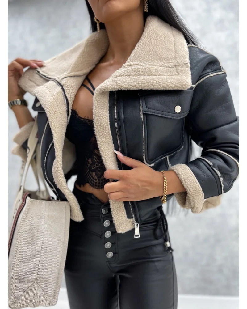 Faux Leather Jackets Women PU Short Thick Warm Black Outwear Female Aviator Retro Lapel Velvet Coat Pop Year Winter Tops