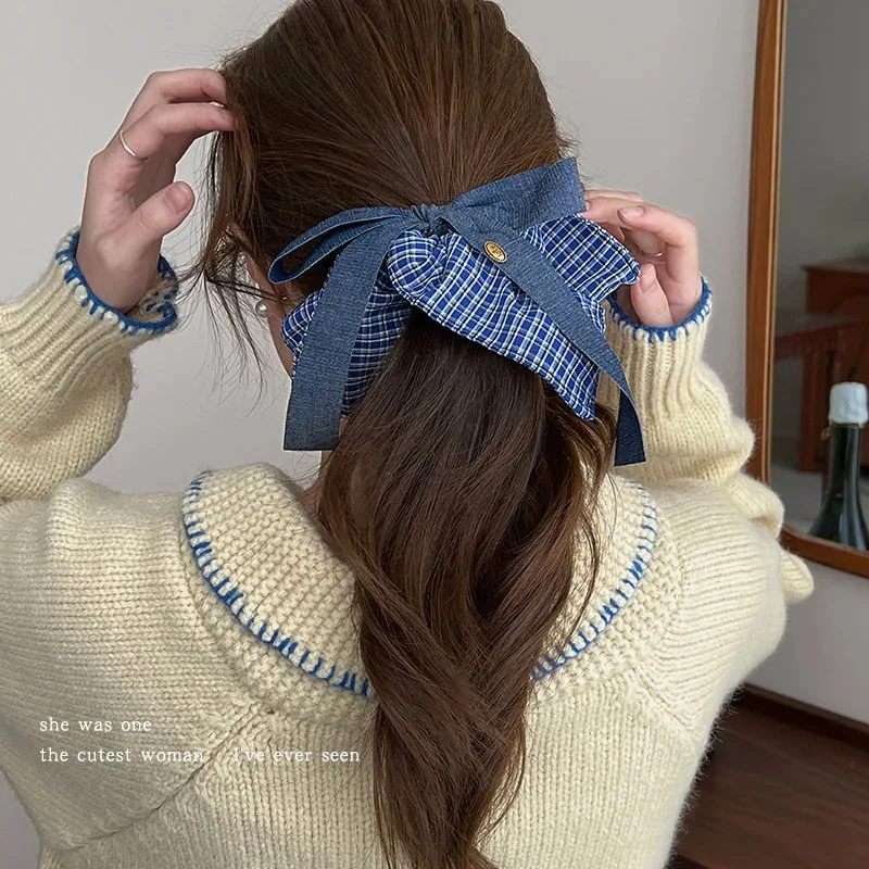 

Simple Women'S Scrunchy Korean Harajuku Bow Denim Blue Checkered Simple Versatile Fashionable High Elasticity Hair Accessory