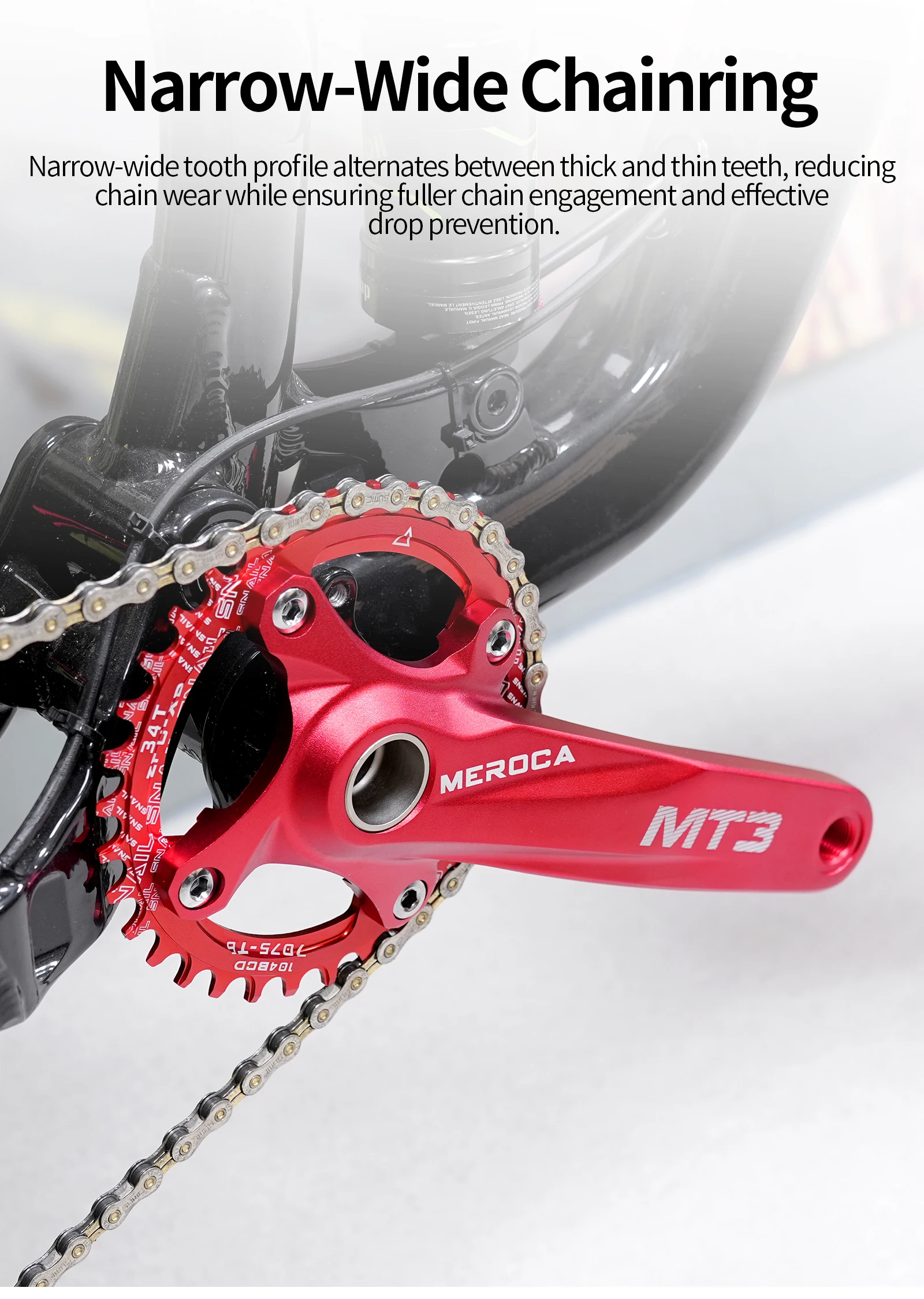 MEROC MT3 Mountainbike-Kurbelgarnitur 170mm Hohl-Integriertes Aluminiumlegierungs-Kettenblatt 104BCD 32/34/36/38/40/42T für 8-12-Gang MTB – Detail 7