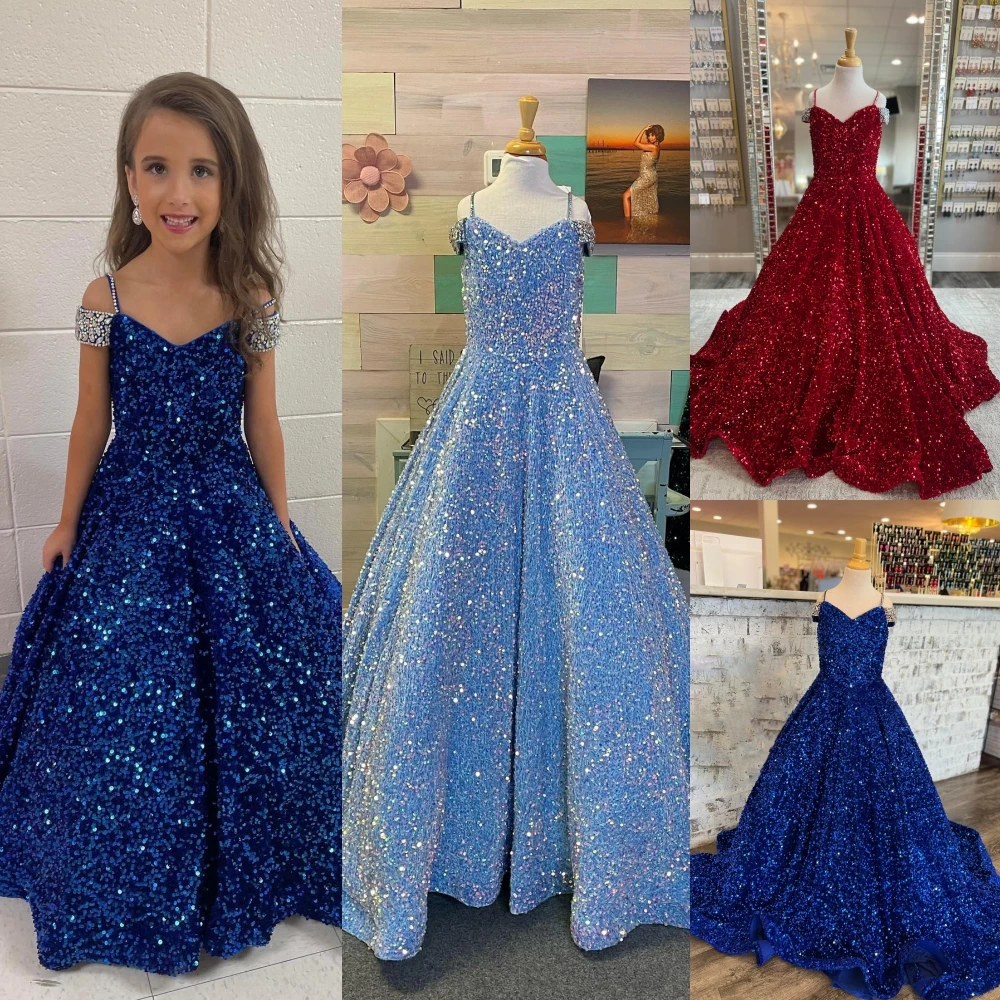 Iridescente Girl Pageant Vestido 2023 Veludo Lantejoula Beading Off-Ombro Little Kid Aniversário Vestido de Festa Formal A-Line Toddler Teens